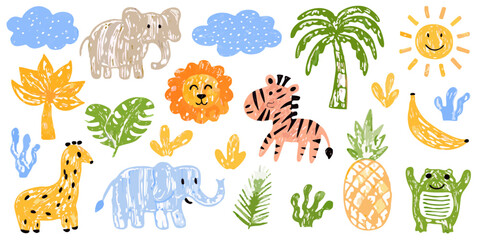 playful safari animal and plant illustrations colorful hand drawn style © Mithun