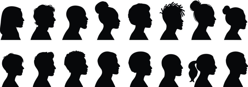 Diverse Collection of Male and Female Profile Silhouettes Featuring Various Hairstyles and Head Shapes for Social Media Avatar Graphic Design