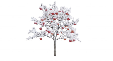 Fototapeta premium A small apple tree covered in white snow and ice, featuring red apples hanging from frost-covered branches against a solid black background