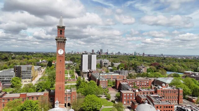 Aerial View of University of Birmingham Edgbaston Campus with Old Joe Clock Tower and Red Brickwork