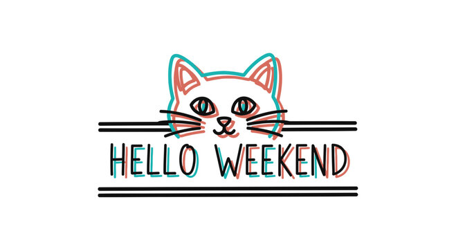 Cute Cat Face with "Hello Weekend" Text, Glitch Effect, Fun Graphic Design