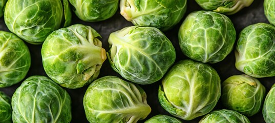 Fototapeta premium Fresh and Vibrant Brussels Sprouts Laying in Dense Groups on a Dark Background for Cooking Ideas