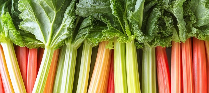 Close up of vibrant rhubarb stalks in red and green colors, showcasing fresh harvest details.
