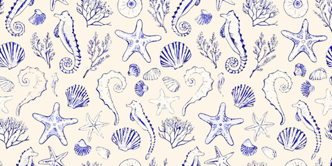 nautical pattern with seashells starfish and seahorses vector illustration © Mithun