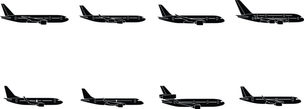 Set of airplane silhouettes in side view featuring different aircraft types for aviation transport travel design isolated on white background