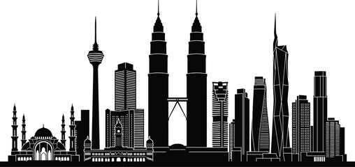 Silhouette of Kuala Lumpur Skyline Featuring Petronas Twin Towers, KL Tower, and Mosque Domes Representing Urban and Cultural Identity © bipul stok