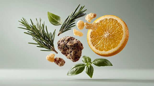 Fresh orange slice floats beside herbs and nuts. Citrus, rosemary, basil, and almonds drift mid-air. Light tones and clean background enhance natural textures. Ideal for wellness, healthy eating