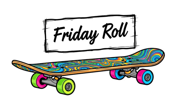 Colorful Skateboard with "Friday Roll" Text - Extreme Sports and Leisure Activity