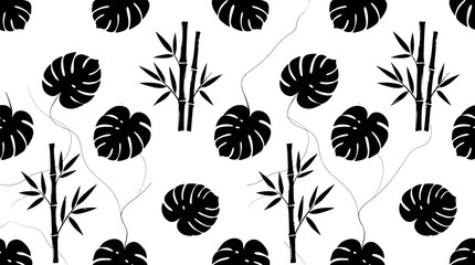 Monochrome Tropical Leaf Pattern featuring Monstera and Foliage Silhouettes. © pixmastock