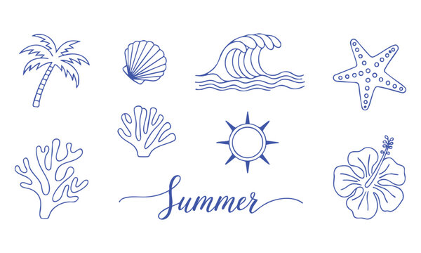 Decorative Tropical Beach Palm Shell Coral Line Art Vector Set.