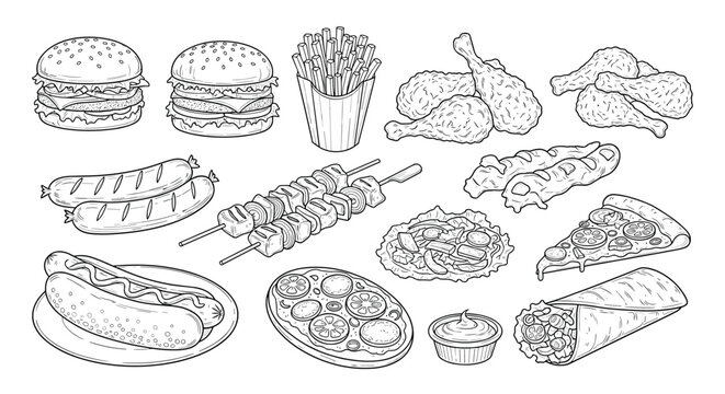 Extensive set of black and white sketches representing various fast food items like burgers, hot dogs and fried chicken, hand drawn menu icons.