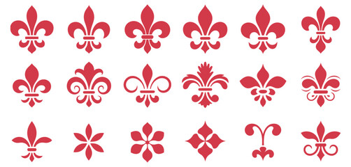 Fleur de lis vector design, medieval heraldic lily symbol in red three style variation decorative graphic emblem isolated clean white background set © Alamin vai vision 3
