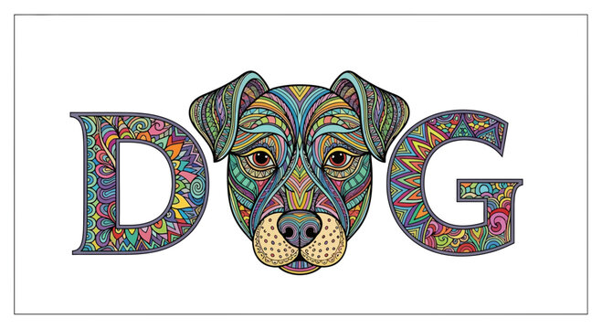 Colorful Dog Face Art with Letters D, O, G - Zentangle Style