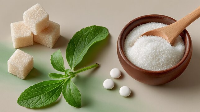 Fresh mint leaves beside sugar cubes and white pills. Wooden bowl holds granulated sugar with a spoon. Soft lighting highlights natural textures. Ideal for health, wellness, or nutrition concepts