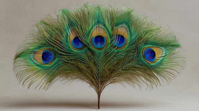 Feather fan displays rich green and gold tones. Ocular patterns shimmer with deep blues and golds. Each eye-like spot gleams against feathered backdrop. Fan radiates elegance with natural symmetry