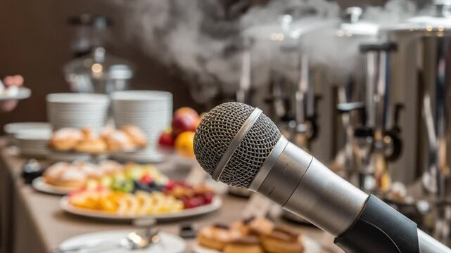 Close up microphone in a conference room with a breakfast buffet and coffee urns in the background