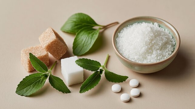 Fresh mint leaves rest beside sugar cubes and a bowl of granulated sugar. White tablets lie near the sweeteners, hinting at health or taste options. Soft beige background enhances simplicity