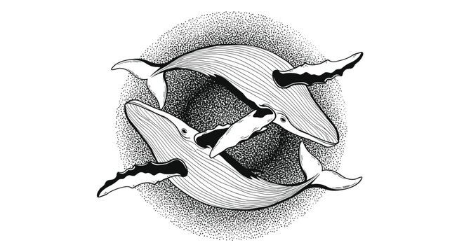 Two whales swimming in a circular motion creating a sense of balance, detailed stippling and line art black and white marine life illustration.