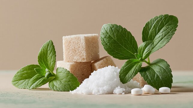 Fresh mint leaves sit beside sugar cubes and crystals. Soft light highlights natural textures and subtle colors. Still life composition evokes freshness, health, and flavor. Ideal for food, wellness