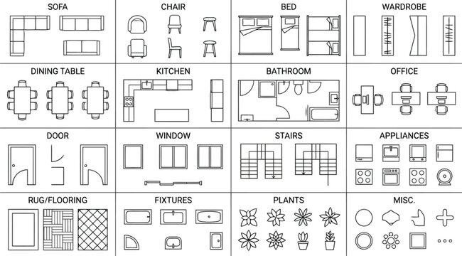 Architectural symbols and furniture icons for floor plan design