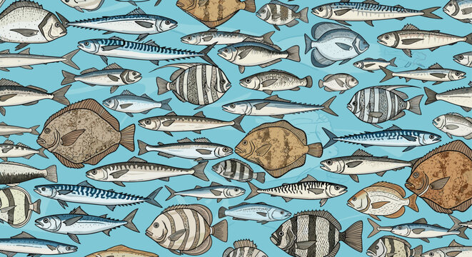 Seamless pattern of many different fish species in various colors on a blue background, detailed hand drawn marine life illustration.