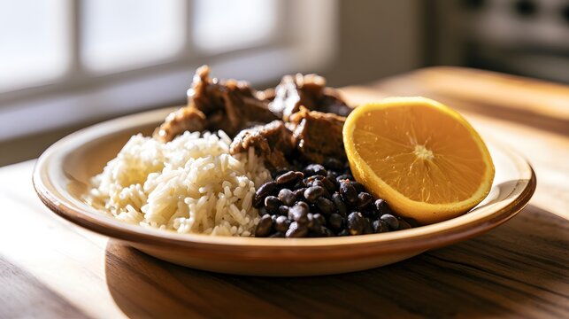Heartwarming Brazilian comfort food a traditional prato feito on rustic wood tabletop