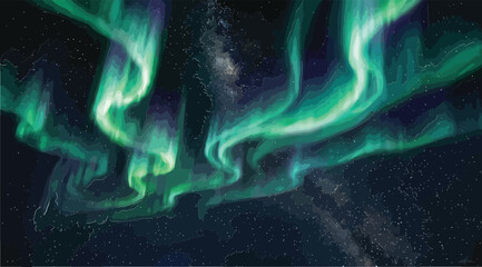 Vibrant green aurora borealis dancing across a dark starry night sky © S.Siam