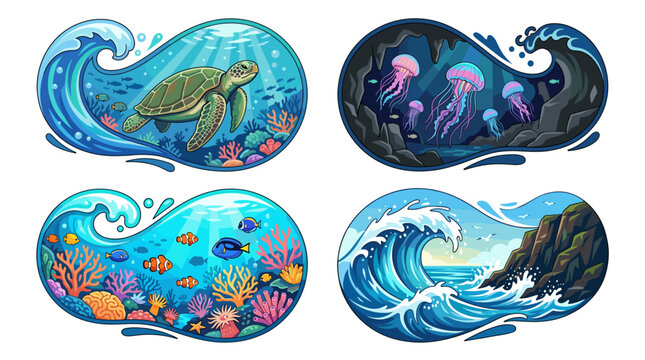 Vector illustration of ocean waves and marine life set in four circular frames