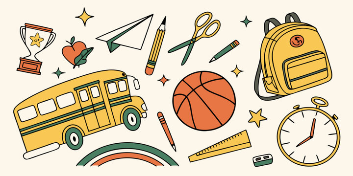 school supplies and objects colorful doodle illustration