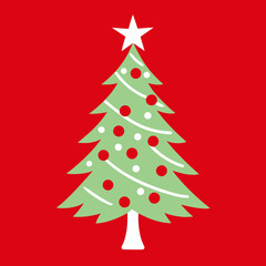 Obraz premium Bright green christmas tree with red baubles on red background Vector