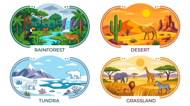 Vector illustration of four global biomes with animals and plants