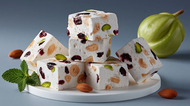 Delicate nougat cubes stacked on a white plate. Plump cherries and pistachios dot the sweet treats. Fresh mint and almonds add vibrant texture. Soft green fig rests beside the plate