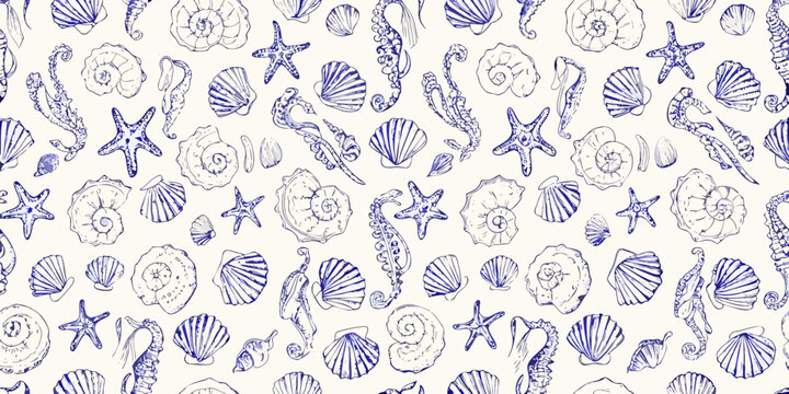 nautical seashell pattern seamless vector illustration with blue line art