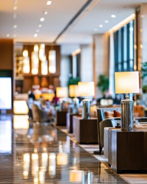 A bright, modern hotel lobby with polished floors, elegant table lamps, comfortable seating, and a spacious, welcoming atmosphere.