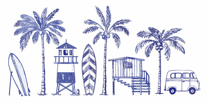 beach scene with palm trees lifeguard tower and vintage van vector illustration