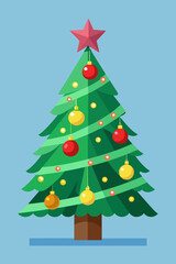 Naklejka premium Bright green christmas tree with red and gold ornaments and star topper Vector