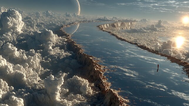 Floating reflective platform mirroring sky and clouds images