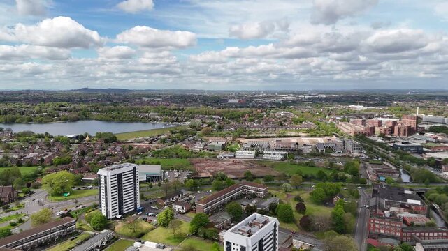 Drone View of Edgbaston Reservoir and Ladywood Waterfront Approaching Birmingham Cityscape