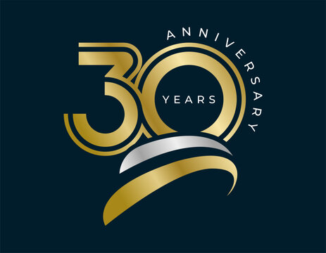 30 Years Anniversary with swoosh design vector illustration. Unique 30 years logo design template. In gold color