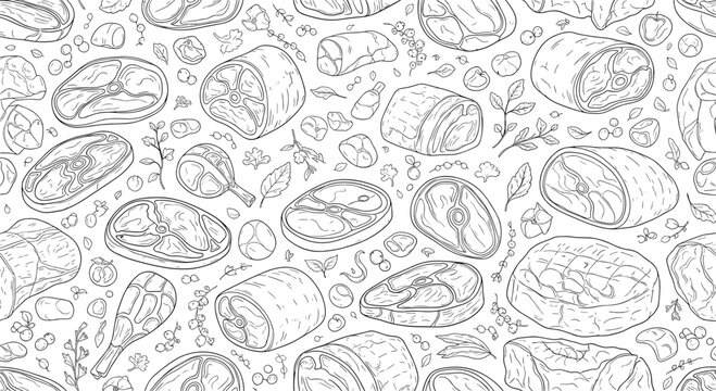 Seamless background pattern features hand drawn raw meat cuts and herbs in a clean black and white line art style.