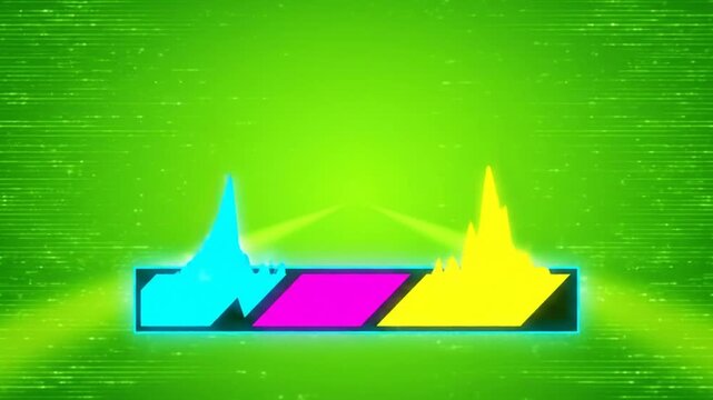 Abstract digital sound wave visualization with blue cyan magenta and yellow color bars on green background