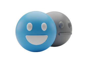 Obraz premium 3d render of two spherical emoticons with happy and neutral expressions isolated on transparent background