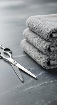 Professional grooming implements rest beside neatly folded gray absorbent cloths on a dark surface.