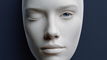 Fototapeta premium Close-up of a serene, white-faced woman. One eye closed, one eye open, blue irises gleam. Soft lighting highlights smooth, sculpted features. Expression conveys calm, introspection, or quiet mystery