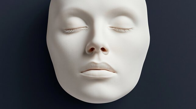White mask rests against dark backdrop. Closed eyes convey calm, stillness, or peace. Soft lighting highlights facial contours and smooth surface. Ideal for wellness, meditation, or skincare concepts
