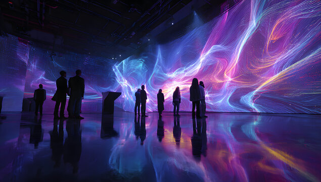 People are observing a large colorful digital wall in a dark futuristic room. The concept of AI-enhanced environments, data visualization spaces, immersive tech art installations, and design systems.
