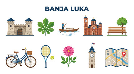 Banja Luka City Icons Collection Featuring Landmarks and Activities. © zyaa