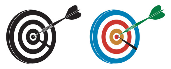 Dartboard vector illustration, two designs darts hitting bullseye success accuracy business goals achievement isolated white background set © Alamin vai vision 3