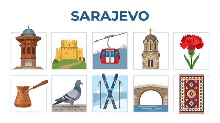 Sarajevo City Icons Collection Featuring Landmarks and Culture. © zyaa
