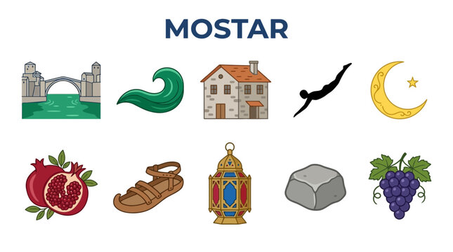 Mostar City Icons Collection Featuring Landmarks and Cultural Symbols.